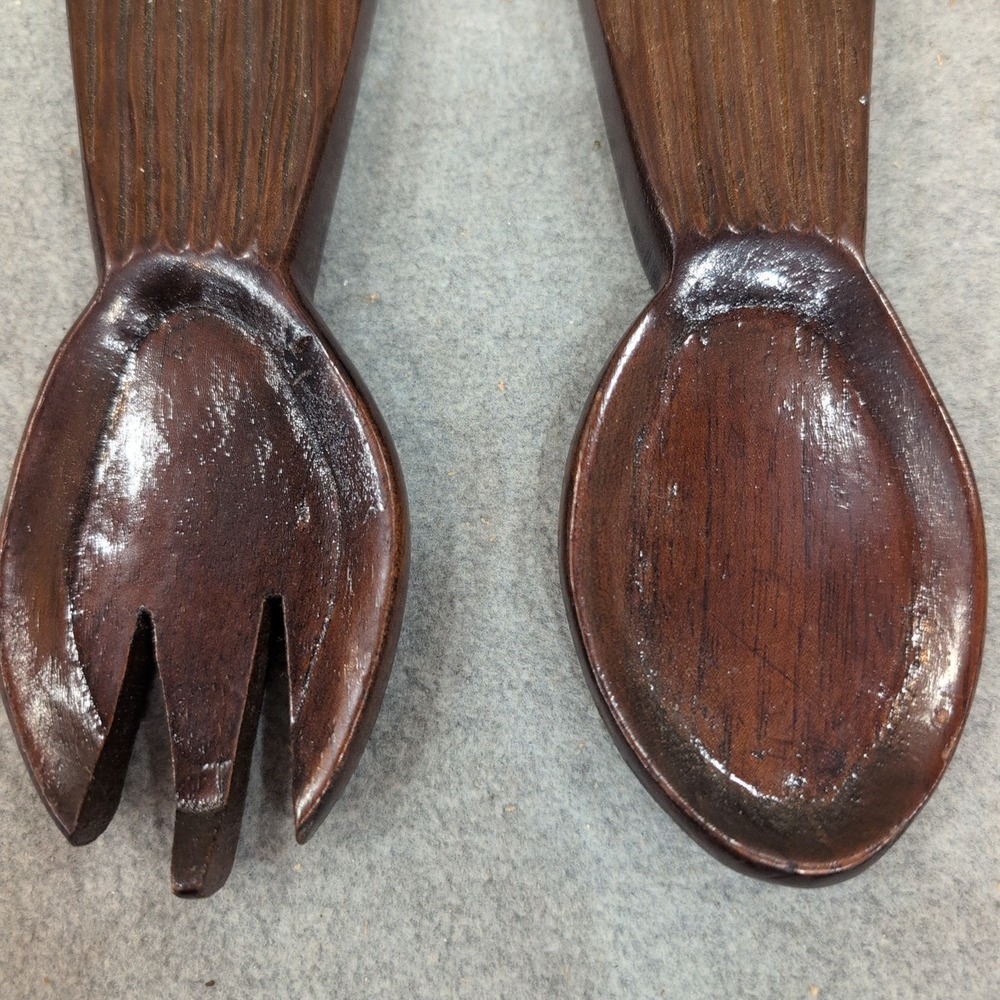 Vintage Hand Carved Wood Tribal Fork and Spoon Wall Art Set Dark Brown Decor - Picture 4 of 7